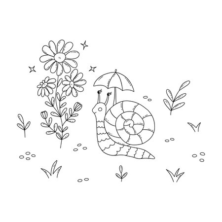 Snail in field next to sprig of chamomile. Clam with striped shell and umbrella over head. Black and white vector isolated illustration hand drawn. spring and summer seasonのイラスト素材