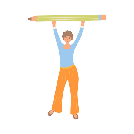 student girl with pencil. Young girl holding large pencil above her head. Theme of study, creativity, development. Colorful vector flat isolated illustration. Writer or businessmanのイラスト素材