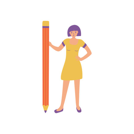student girl with pencil. Young woman in dress stands next to pencil. Theme of study, creativity, development. Colorful vector flat isolated illustration. Writer or businessmanのイラスト素材