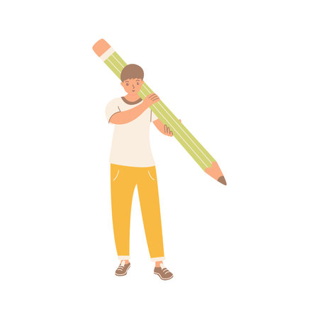 student with pencil. Young man holding a large pencil on his shoulder. Theme of study, creativity, development. Colorful vector flat isolated illustration. Writer or businessmanのイラスト素材