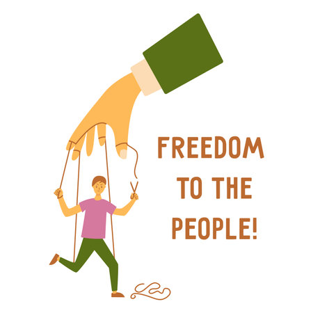 Human puppet is freed, cuts string with scissors. Inscription freedom to people. Dropping off shackles, liberation from slavery. Colorful vector isolated illustration flat poster or bannerのイラスト素材