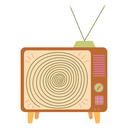 Television on is zombifying. Hypnotizing and fear-mongering, broadcasting lies. Spiral monitor screen. Media control and manipulation, fake news. Colorful vector isolated illustration flatのイラスト素材