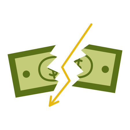 Torn dollar bill and down arrow in center. Concept of collapse of dollar, crisis and fall of exchange rate, collapse of fiat currency, recession. Colorful vector isolated illustration flatのイラスト素材