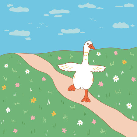 Happy white goose running through a summer flower field with its wings spread. Colorful vector illustration hand drawn with outlineのイラスト素材