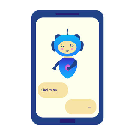Chatbot on phone bows and says glad to try. Question answering virtual assistant, artificial intelligence. smart assistant in mobile applications. Colorful vector isolated illustration flatのイラスト素材