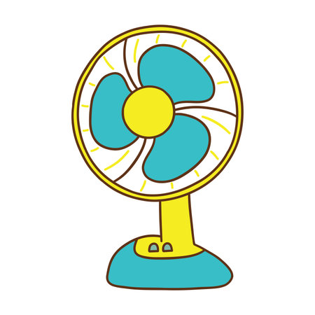 Desktop electrical fan blue color. Cooling air conditioning unit in hot weather. Colorful vector isolated illustration hand drawn with outline. Icon or cardのイラスト素材