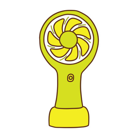 Hand portable small cute green fan with battery. Cooling air conditioning unit in hot weather. Colorful vector isolated illustration hand drawn with outline. Icon or cardのイラスト素材