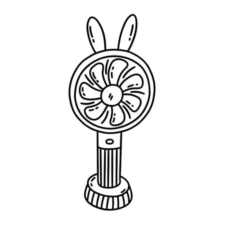 Cute hand portable small fan with battery with ears. Cooling air conditioning unit in hot weather. Black and white vector isolated illustration hand drawn. Outline doodle blower. Icon or cardのイラスト素材