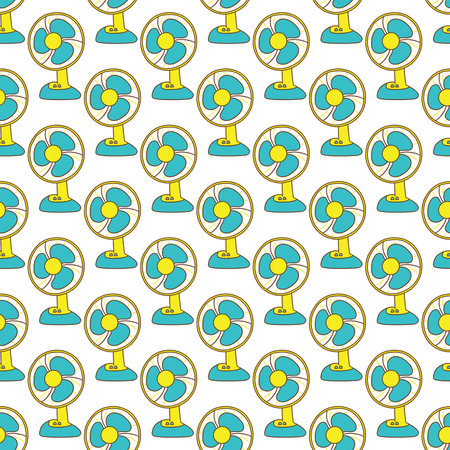 Seamless pattern with desktop electrical fan blue and yellow colors. Colorful blower vector illustration hand drawn. Print for fabric or paper cover with blower on white backgroundのイラスト素材