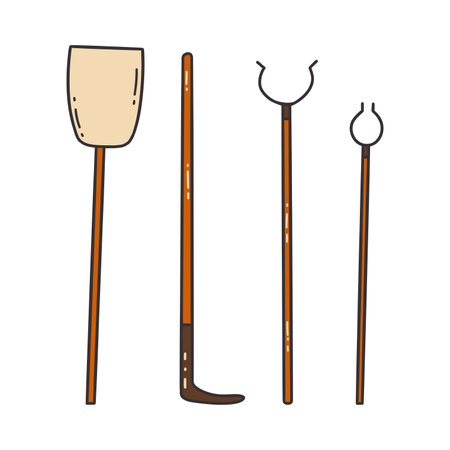Kitchen utensils for the Russian stove in village. Fork and poker, wooden shovel. Tools for use. Old traditional Russian culture. Colorful vector isolated illustration hand drawn doodle with contourのイラスト素材