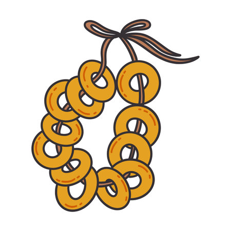 Bunch of Russian bagels on a rope. Round sushki, bubliki or baranki, traditional Russian cuisine, pastries. Colorful vector isolated illustration hand drawn bakery with contourのイラスト素材