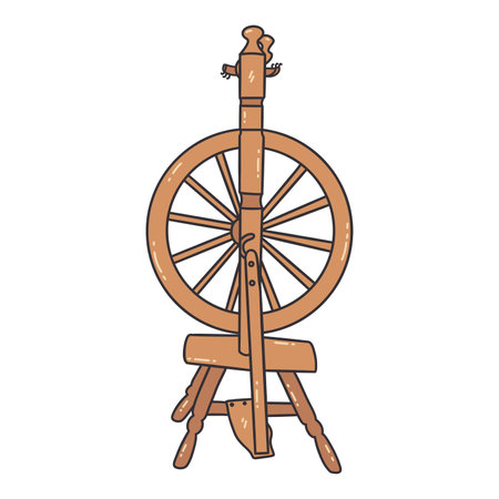 Old Russian wooden spinning wheel. Working tool for hand spinning thread of yarn. Traditional Russian culture among slavs. Colorful vector isolated illustration hand drawn doodle with contourのイラスト素材