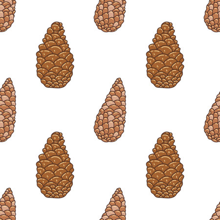 Seamless pattern with brown pine cones on white background. Colorful vector illustration doodle hand drawn. Wrapping or textile, print for fabric or paperのイラスト素材