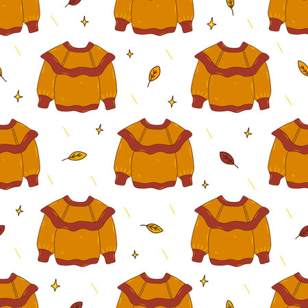 Seamless pattern with cozy orange knitted sweater with autumn leaves and stars. Seasonal warm clothes. Colorful vector illustration hand drawn. Fall season wrapping, print for fabric or paperのイラスト素材