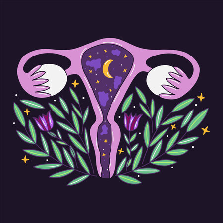 Female uterus with universe inside. Month and stars. Green twigs and blooming flowers. Sacred reproductive organ of women. Fertility and pregnancy concept. Colorful vector illustration hand drawnのイラスト素材