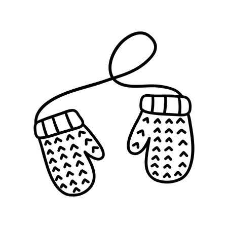 Cute knitted warm mittens on string. Winter accessory for hands. Black and white vector isolated illustration hand drawn doodle clip artのイラスト素材
