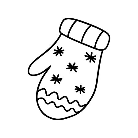 Cute winter warm cozy mitten with snowflakes. Accessory for hands. Black and white vector isolated illustration hand drawn doodle. Design element, card or icon. Seasonal garmentのイラスト素材