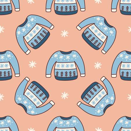 Seamless pattern with blue winter cozy knitted sweater with snowflakes and Christmas trees. Seasonal warm clothes. Colorful vector illustration hand drawn. Season garment. Print for fabric or paperのイラスト素材