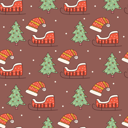 Seamless pattern with Christmas tree, Santa Claus hat and red sleigh. Snowing. Holiday colorful hand drawn vector illustration doodle. Print for Christmas and New Year. Festive winter seasonのイラスト素材