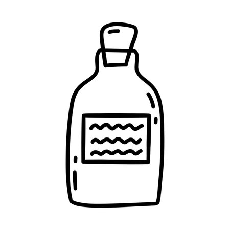 Vintage small bottle with cork, jar for drinks, spices, potions. Black and white vector isolated illustration hand drawn doodle. Love potion, magic elixir, container iconのイラスト素材