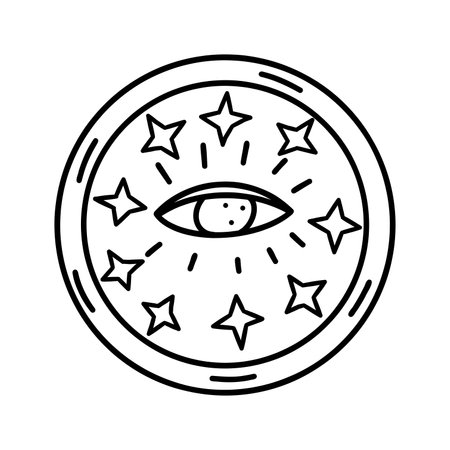 Stylish plate with third eye in center and stars. Theme of spirituality and awareness. Kitchen utensils, tableware. Black and white vector isolated illustration hand drawn doodle iconのイラスト素材