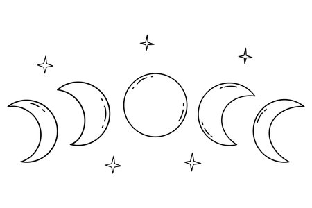 Phases of the moon, from waxing moon, full moon to waning moon. Black and white vector isolated illustration hand drawn doodle. Astrological cycle of changeのイラスト素材