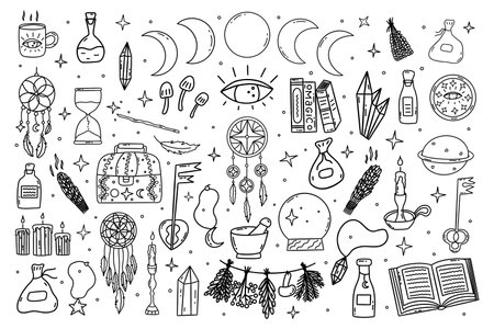 Set of magical elements. Hourglass, books and herbs, dream catcher and candles, magic wand and crystals, third eye. Black and white vector isolated illustration hand drawn doodle collectionのイラスト素材