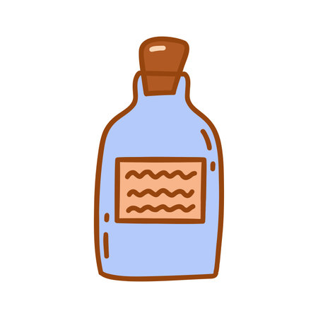 Vintage blue small bottle with cork, jar for drinks, spices, potions. Colorful vector isolated illustration hand drawn doodle. Love potion, magic elixir, container with label icon clip artのイラスト素材