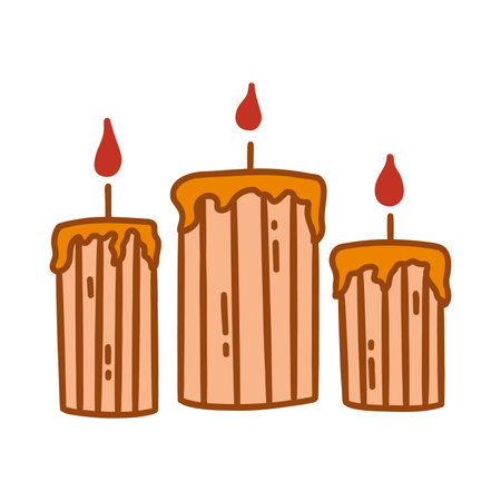 Three burning candles. Wax or paraffin. Colorful vector isolated illustration hand drawn doodle with contour. Home decoration element, holiday party, Christmas or aromatherapy.のイラスト素材