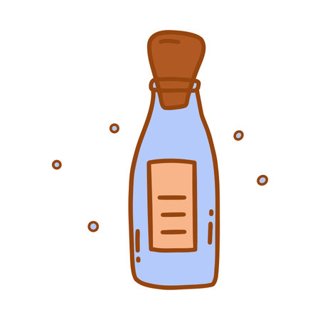 Vintage small blue bottle with cork, jar for drinks, spices, potions. Colorful vector isolated illustration hand drawn doodle with contour. Love potion, magic elixir, container with label iconのイラスト素材