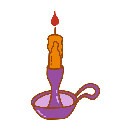 Burning candle in antique purple candlestick with handle. Colorful vector isolated illustration hand drawn doodle. Winter holiday season. Lighting element icon clip artのイラスト素材
