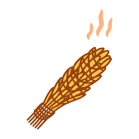 Steaming yellow bunch of sage herb. Element of energetic cleansing of space and healing. Dry herbs. Colorful vector isolated doodle illustration hand drawn icon with contourのイラスト素材