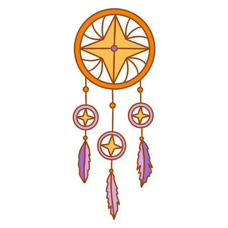 Dreamcatcher with three purple feathers and yellow stars. Protective amulet against insomnia and nightmares. Colorful vector illustration isolated, ethnic symbol. Hand drawn icon doodleのイラスト素材