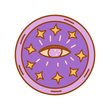 Stylish purple plate with third eye in center and yellow stars. Theme of spirituality and awareness. Kitchen utensils, tableware. Colorful vector isolated illustration hand drawn doodle icon clip artのイラスト素材