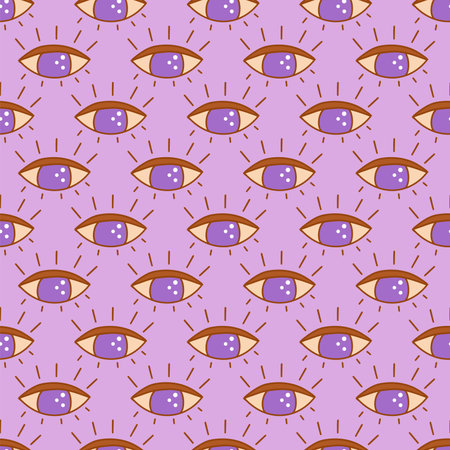 Seamless pattern with open third eye on purple background. Sign of awareness and spiritual development, chakra of intuition, awakening. Colorful vector illustration doodle hand drawnのイラスト素材