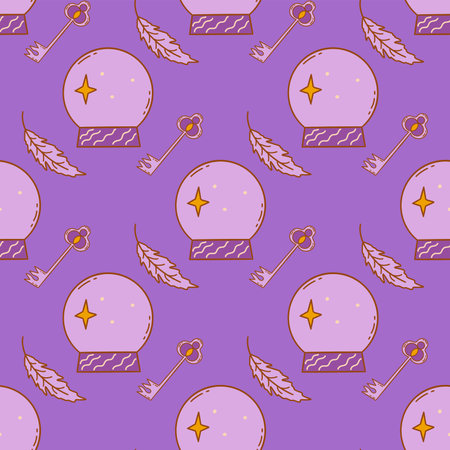 Seamless pattern with crystal magic ball, bird feather and master key. Purple background. Element of witchcraft and esotericism, predictions and magic. Colorful vector illustration hand drawnのイラスト素材