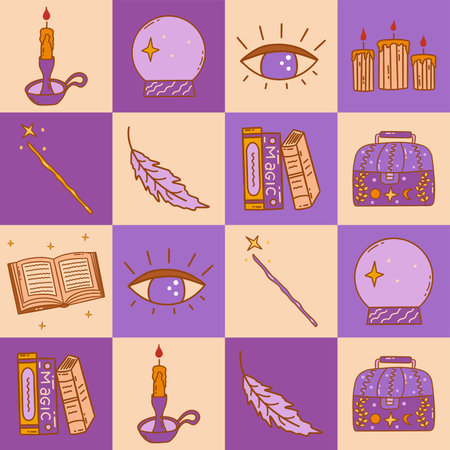 Seamless pattern. Stack of books and feather, burning candle, crystal ball, chest and third eye, magic wand. Magic elements cards. Colorful vector doodle illustration. Print for wrapping or paperのイラスト素材