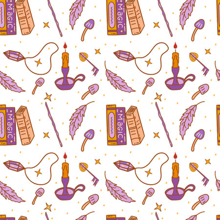 Seamless pattern. Stack of books and feather, burning candle, gem crystal pendant, master key, mushrooms and stars, magic wand. Colorful vector doodle illustration. Print for wrapping or paperのイラスト素材