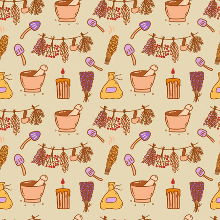 Seamless pattern. Bunches of dried herbs with mushroom, candle and bag, bowl and pestle, salvia and lavender. Herbalism. Colorful vector doodle illustration hand drawn. Print for fabric or paperのイラスト素材
