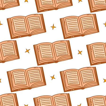 Seamless pattern. Open book with stars. Colorful vector doodle illustration. Recipe book or personal diary. Reading, studying element hand drawn. Print for wrapping or fabric. White backgroundのイラスト素材