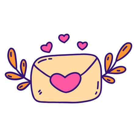 Envelope with pink heart and twigs. Happy Valentines Day. Element of love, feelings, card. Vector isolated illustration hand drawn doodle hand drawn. Message with declaration of loveのイラスト素材