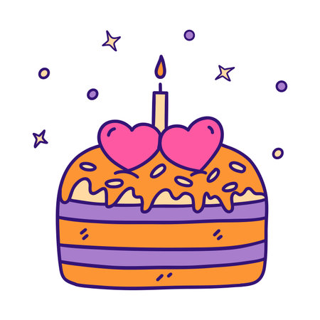 Celebratory cake with two hearts and burning candle. Sweet gift for Valentines Day, anniversary or...