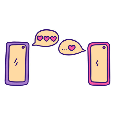Two phones exchange love messages. Declaration of love. Valentines day concept. Colorful vector isolated illustration hand drawn doodle clip art. February 14, romance. Chat onlineのイラスト素材