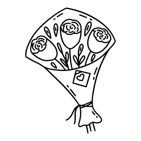Bouquet of roses in craft package with love note attached. Gift or recognition, compliment. Valentines Day. Black and white vector isolated illustration hand drawn. Beautiful flowers doodleのイラスト素材