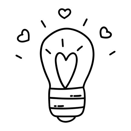 Burning light bulb with a heart inside. Valentines day concept. Black and white vector isolated illustration hand drawn doodle clip art. February 14, romance. Icon or card outlineのイラスト素材