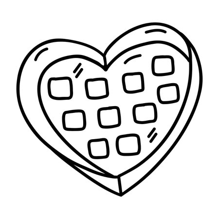 Candies in box in the shape of heart. Sweet gift for Valentines Day, chocolate present compliment. Black and white vector isolated illustration hand drawn doodle. February 14, romance. Yummy snackのイラスト素材