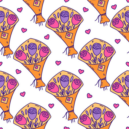 Seamless pattern with bouquet of roses in craft package with love note attached. Hearts around. Valentines Day. Colorful vector illustration hand drawn. Beautiful flowers print doodleのイラスト素材