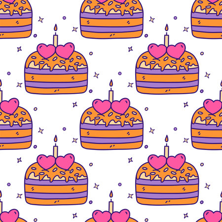 Seamless pattern with celebratory cake with two hearts and burning candle. Sweet gift for Valentines Day, anniversary or wedding. Colorful vector illustration hand drawn doodle. February 14のイラスト素材