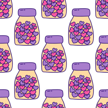 Seamless pattern with Jar with pink and purple hearts inside. Valentines Day. Confession of feelings. Vector illustration doodle hand drawn. Holiday 14th of February. Love element wrappingのイラスト素材