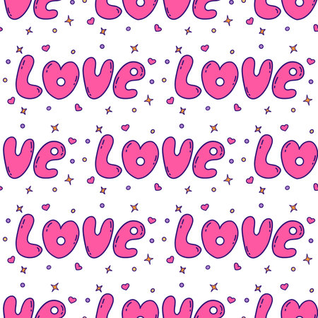 Seamless pattern with lettering word love. Convex letters with hearts and stars. Valentines day concept. Colorful vector illustration hand drawn doodle. February 14, romance print with contourのイラスト素材